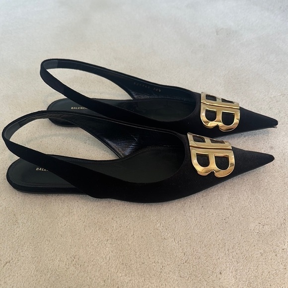 Balenciaga Black Velvet BB Knife Slingback Flats Shoes Pointy Toe Size 8.5 - Picture 7 of 11